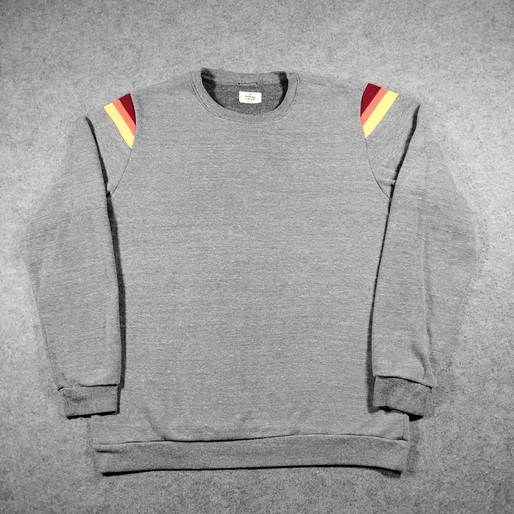 Marine Layer Men's Banks Crew Sweatshirt Heather Grey Retro Shoulder Stripes L